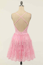 Party Dresses Outfits, A-line Deep V Neck Crossed Back Embroidery Mini Homecoming Dress