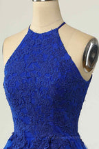 Bridesmaids Dress Red, A-line Halter Keyhole Back Applique Mini Homecoming Dress