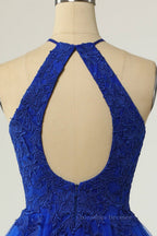 Bridesmaid Dress Red, A-line Halter Keyhole Back Applique Mini Homecoming Dress
