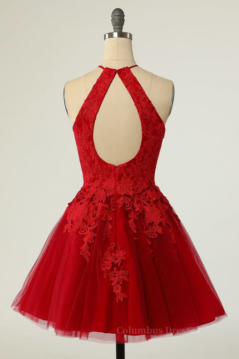 Bridesmaids Dress Gold, A-line Halter Keyhole Back Applique Mini Homecoming Dress Main image