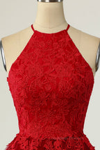 Bridesmaid Dresses Tulle, A-line Halter Keyhole Back Applique Mini Homecoming Dress