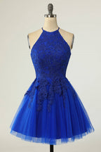 Bridesmaid Dress Chiffon, A-line Halter Keyhole Back Applique Mini Homecoming Dress