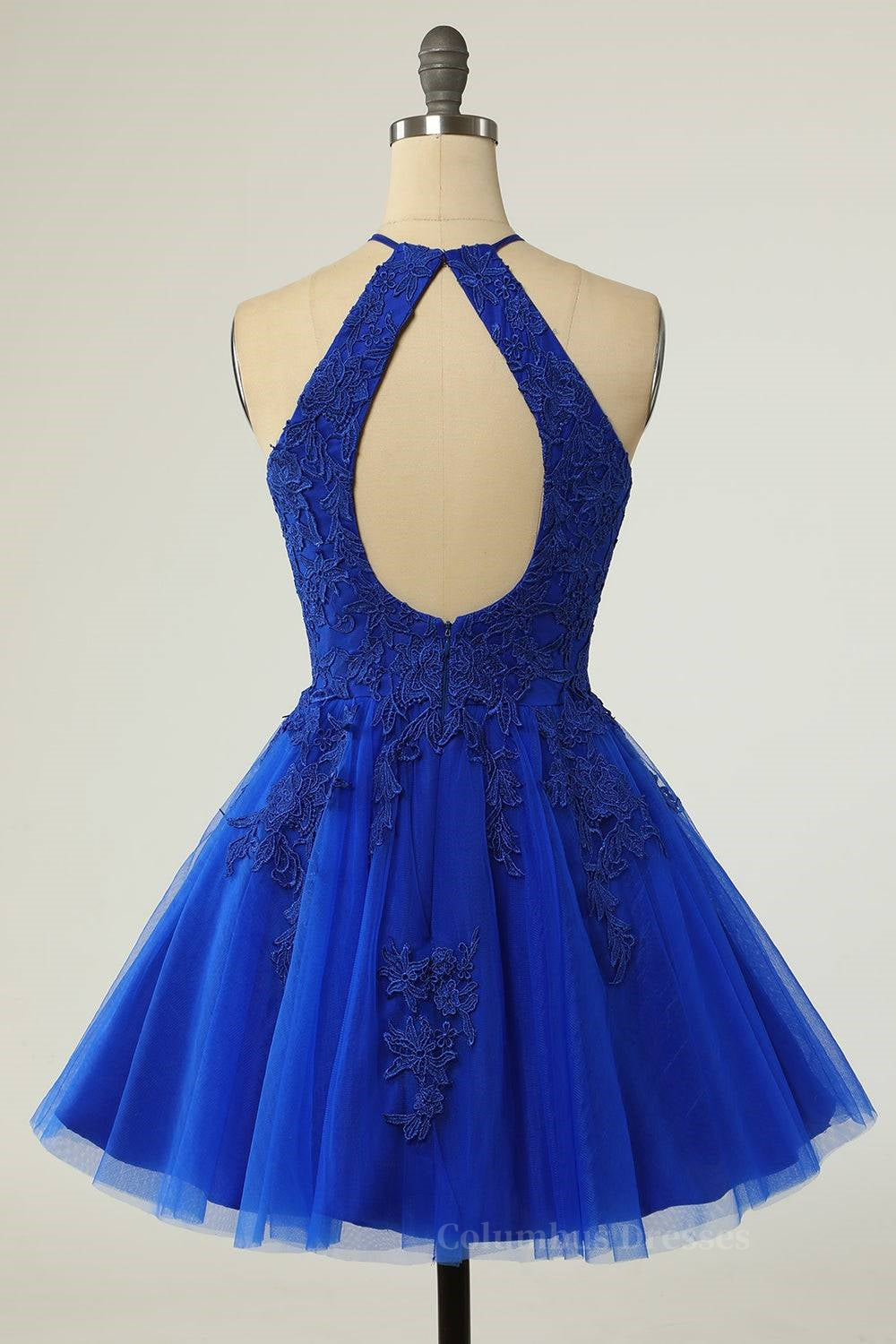 Bridesmaid Dress For Girls, A-line Halter Keyhole Back Applique Mini Homecoming Dress