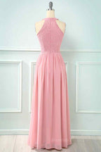 Bridesmaide Dresses Fall, A-line Halter Lace Cut-Out Chiffon Long Bridesmaid Dress