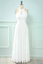 Bridesmaid Dress Fall, A-line Halter Lace Cut-Out Chiffon Long Bridesmaid Dress