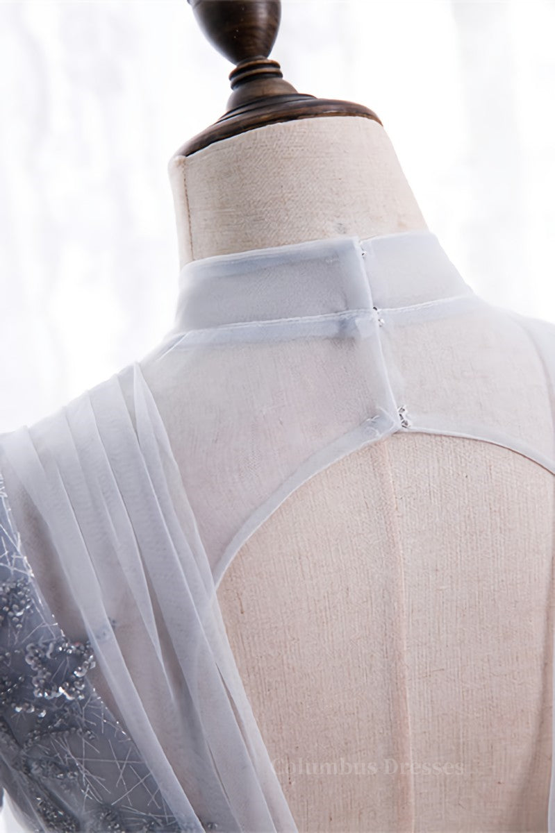 Homecomeing Dresses Black, A-line Illusion High Neck Beaded-Embroidery Maxi Formal Dress with Bow