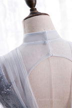 Homecomeing Dresses Black, A-line Illusion High Neck Beaded-Embroidery Maxi Formal Dress with Bow
