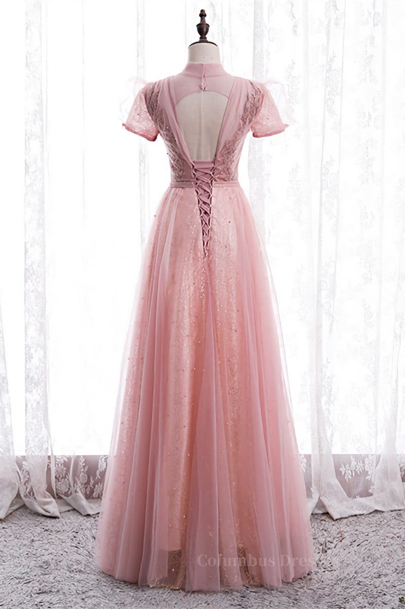 Homecoming Dress Sparkles, A-line Illusion High Neck Beaded-Embroidery Maxi Formal Dress with Bow Main image