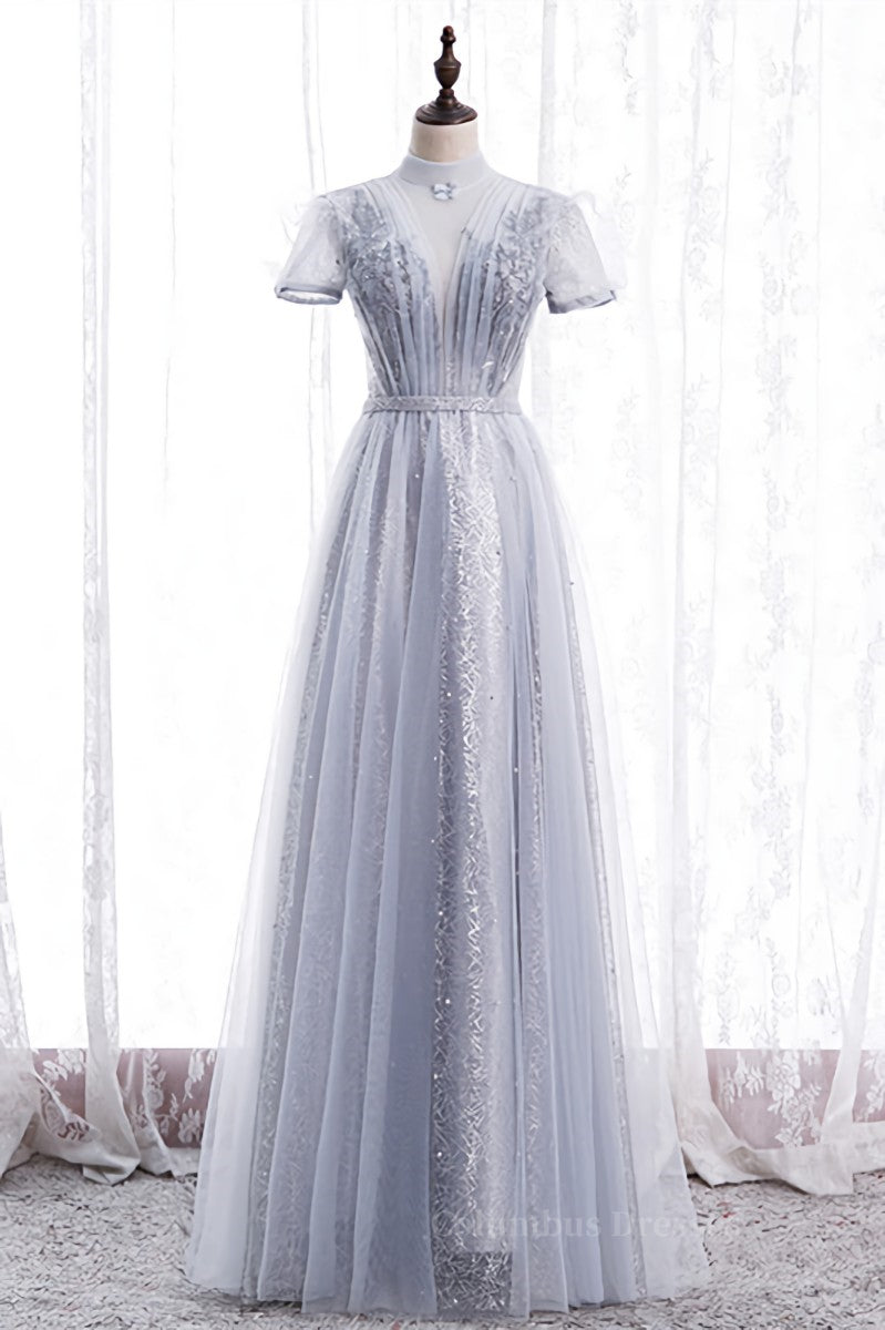 Homecoming Dresses Black, A-line Illusion High Neck Beaded-Embroidery Maxi Formal Dress with Bow
