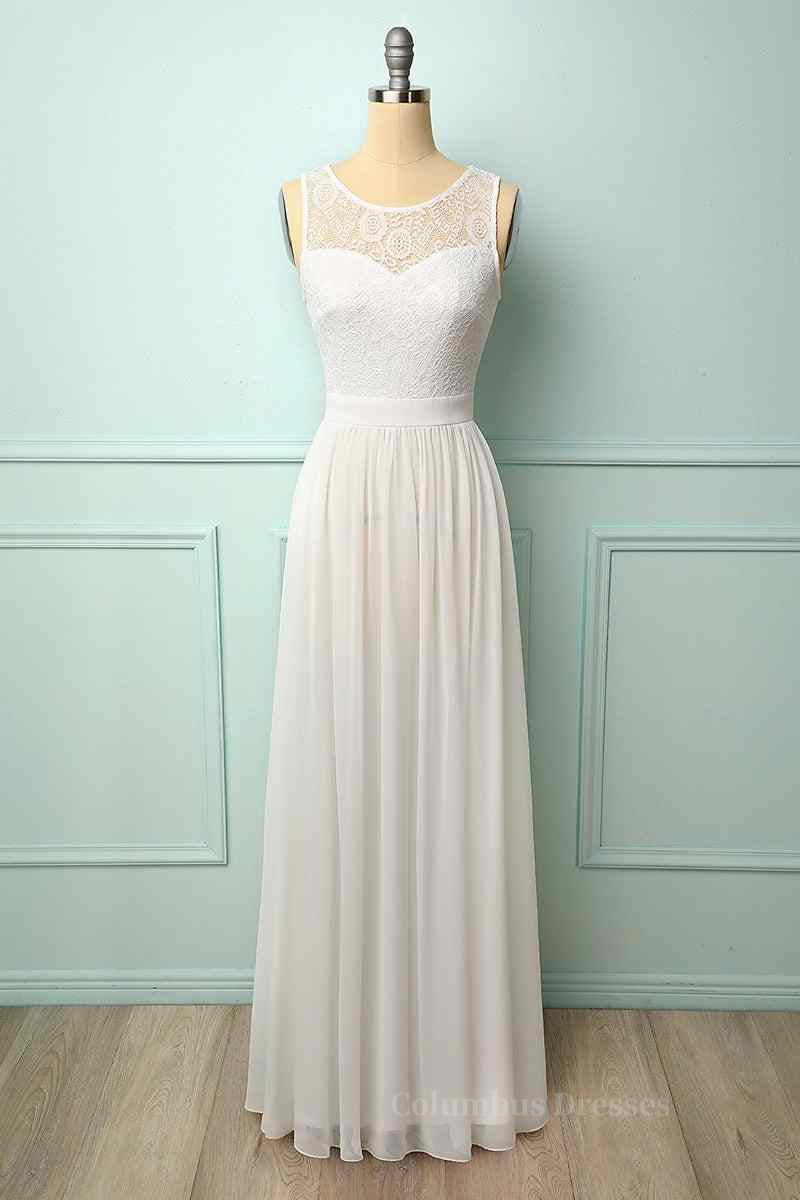 Bridesmaids Dresses Websites, A-line Illusion Lace Neck Chiffon Long Bridesmaid Dress