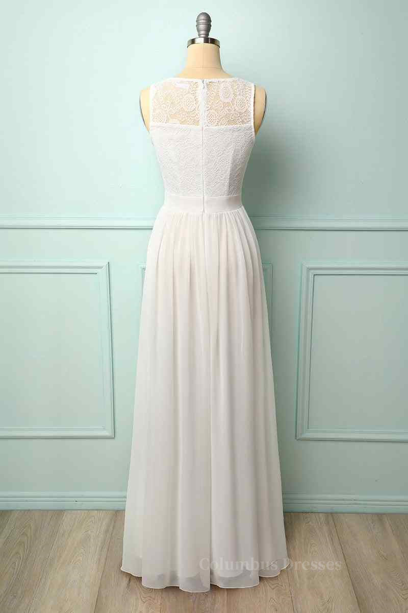 Bridesmaid Dress Websites, A-line Illusion Lace Neck Chiffon Long Bridesmaid Dress