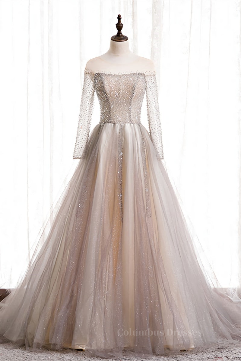 Formal Dress For Weddings, A-line Illusion Neck Long Sleeves Beaded Long Formal Dress