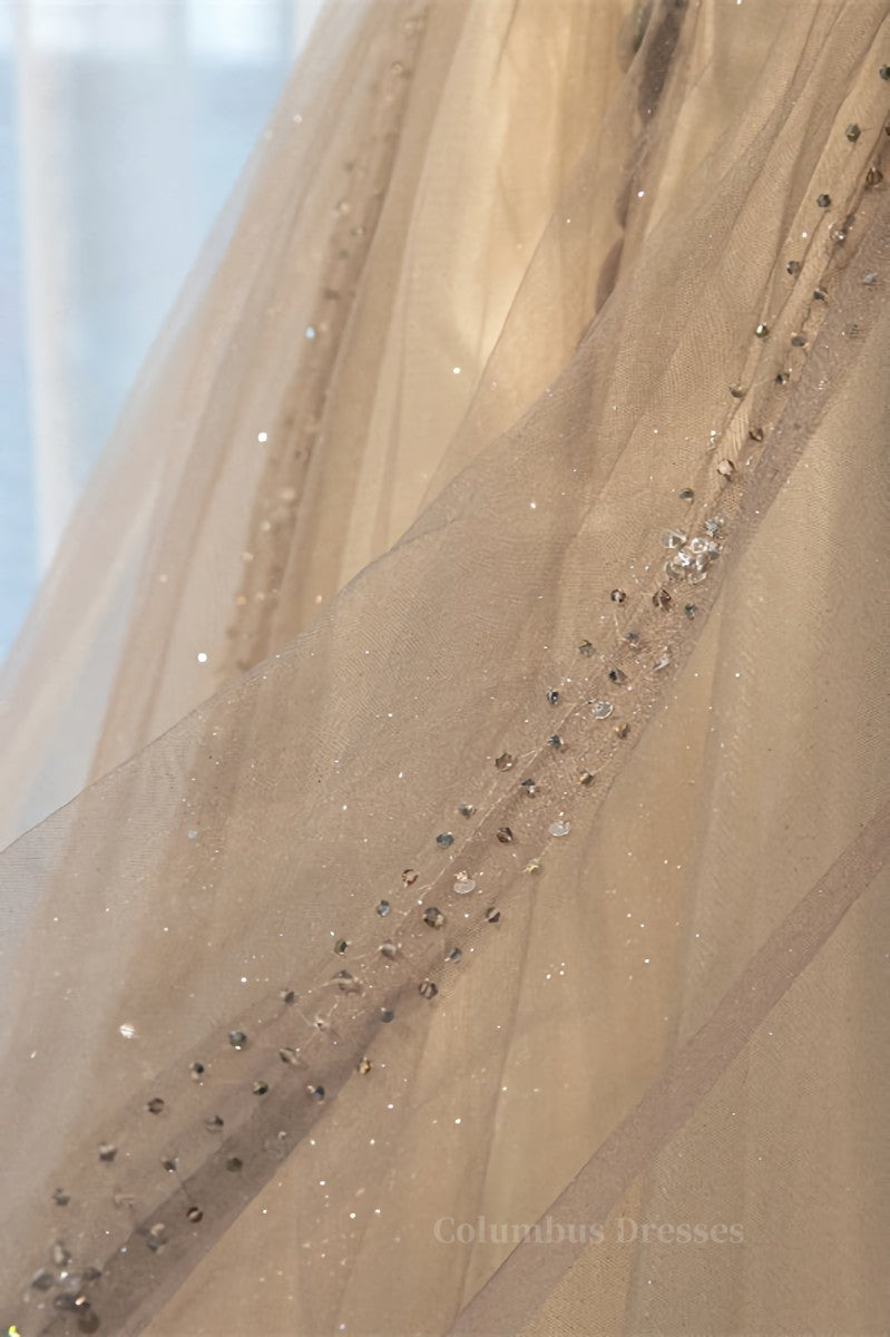 Formal Dress Long Gown, A-line Illusion Neck Long Sleeves Beaded Long Formal Dress