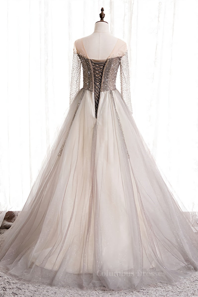 Formal Dress For Wedding, A-line Illusion Neck Long Sleeves Beaded Long Formal Dress Main image