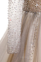 Formal Dressing For Wedding, A-line Illusion Neck Long Sleeves Beaded Long Formal Dress