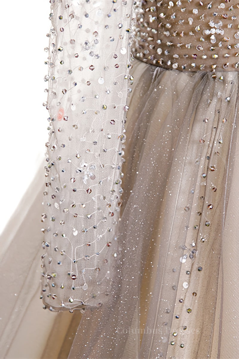 Formal Dressing For Wedding, A-line Illusion Neck Long Sleeves Beaded Long Formal Dress
