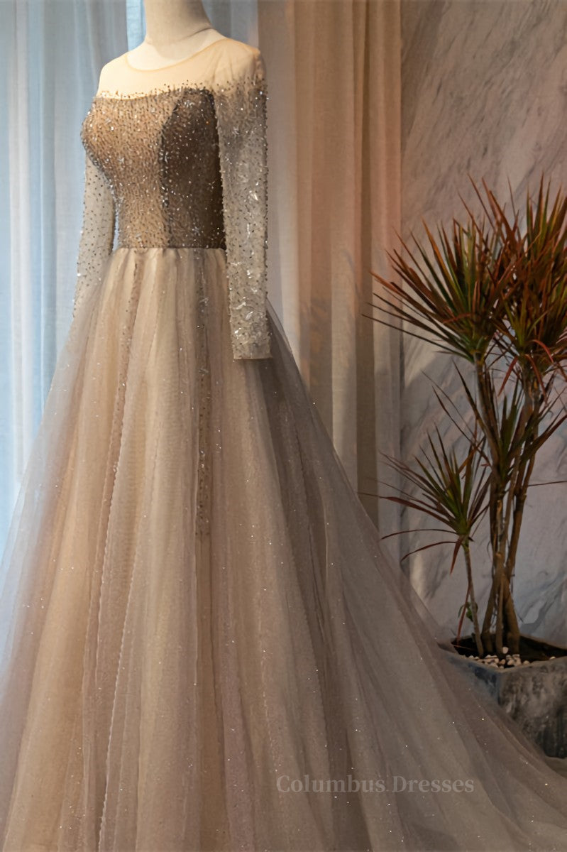 Formal Dress Cheap, A-line Illusion Neck Long Sleeves Beaded Long Formal Dress