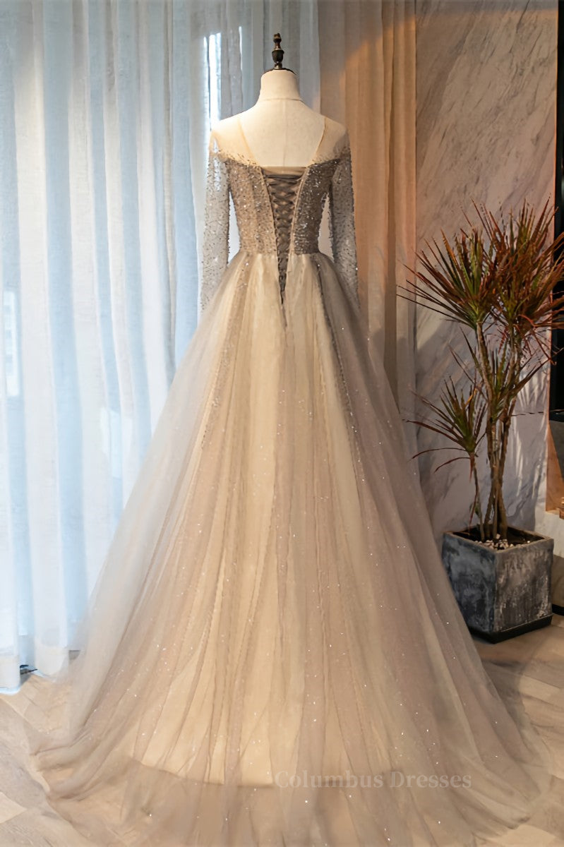 Formal Dress Black Dress, A-line Illusion Neck Long Sleeves Beaded Long Formal Dress