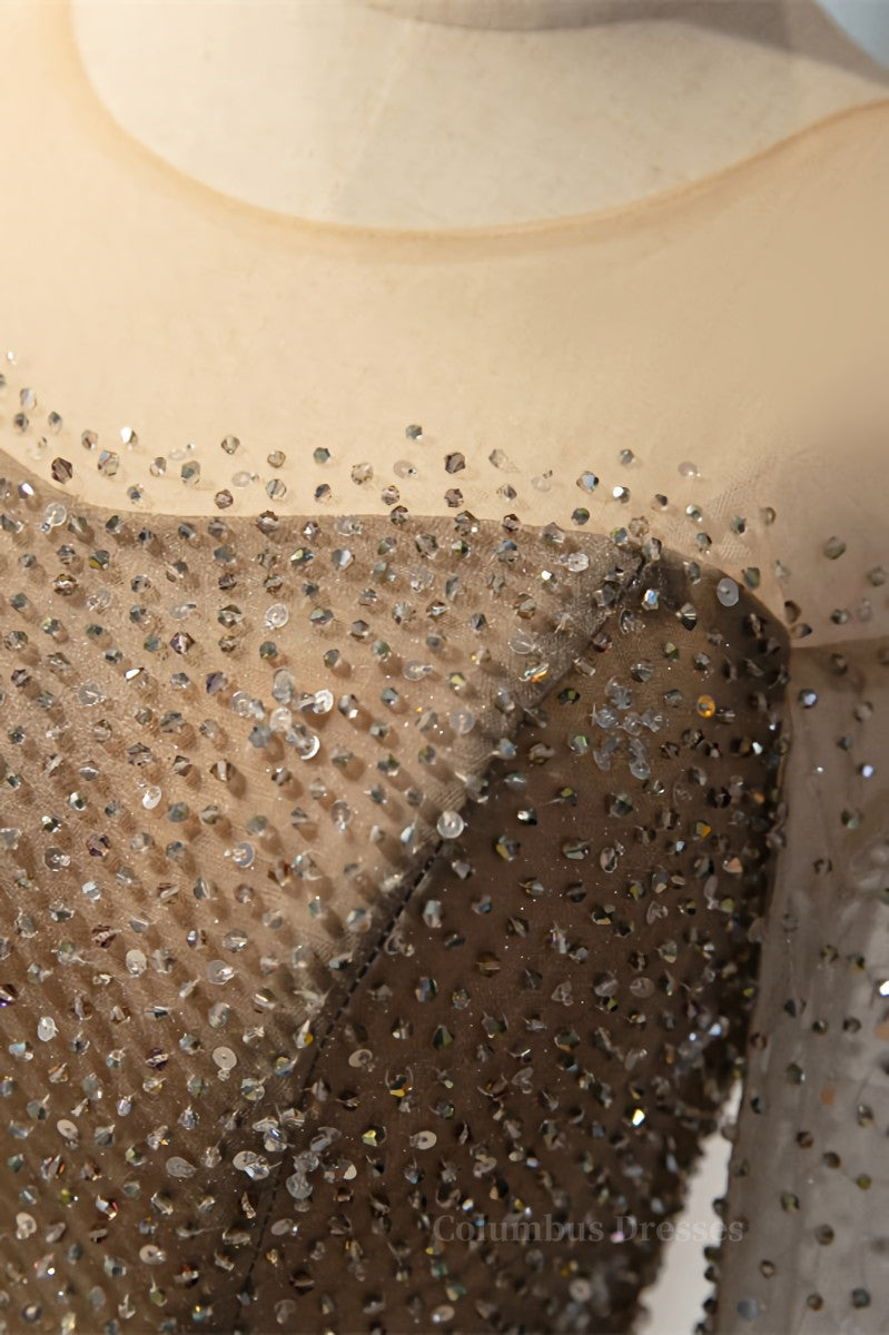 Formal Dress Classy, A-line Illusion Neck Long Sleeves Beaded Long Formal Dress