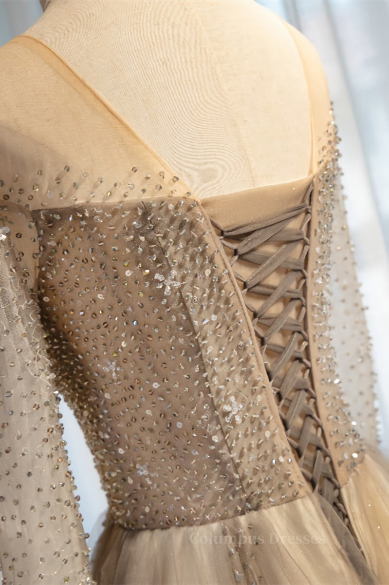 Formal Dressed Long Gowns, A-line Illusion Neck Long Sleeves Beaded Long Formal Dress