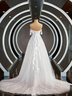 Wedding Dresses Vintage Lace, A-Line/Princess Off-the-Shoulder Chapel Train Tulle Wedding Dresses with Appliques Lace