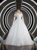 Wedding Dress Girls, A-Line/Princess Off-the-Shoulder Sweep Train Tulle Wedding Dresses with Appliques Lace