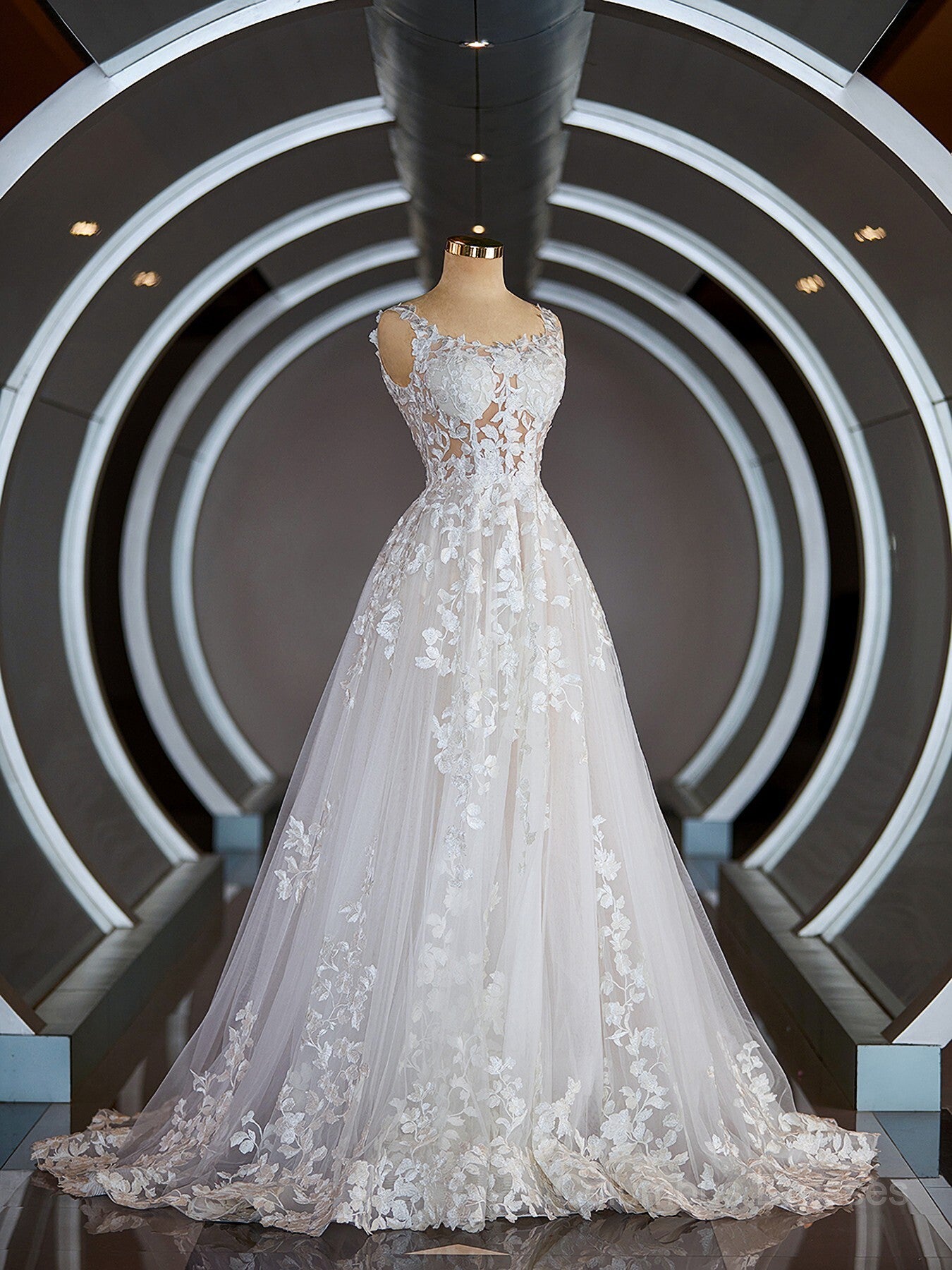 Wedding Dress Uk, A-Line/Princess Straps Court Train Tulle Wedding Dresses with Appliques Lace Main image