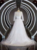 Wedding Dress Shoulders, A-Line/Princess Sweetheart Sweep Train Tulle Wedding Dresses with Ruffles