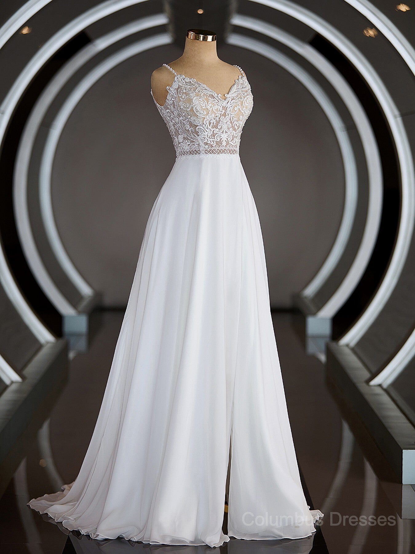 Wedding Dresse Beach, A-Line/Princess V-neck Court Train Chiffon Wedding Dresses with Leg Slit Main image