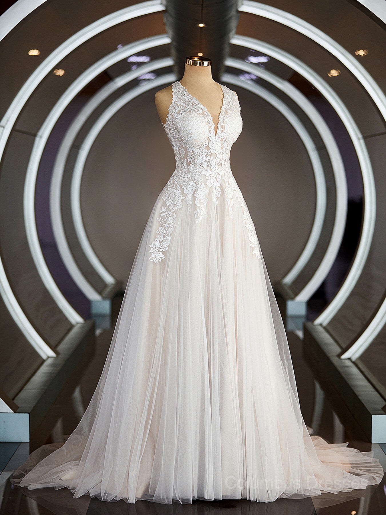 Wedding Dresses Trains, A-Line/Princess V-neck Court Train Tulle Wedding Dresses with Appliques Lace Main image