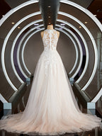Wedsing Dresses Boho, A-Line/Princess V-neck Court Train Tulle Wedding Dresses with Appliques Lace