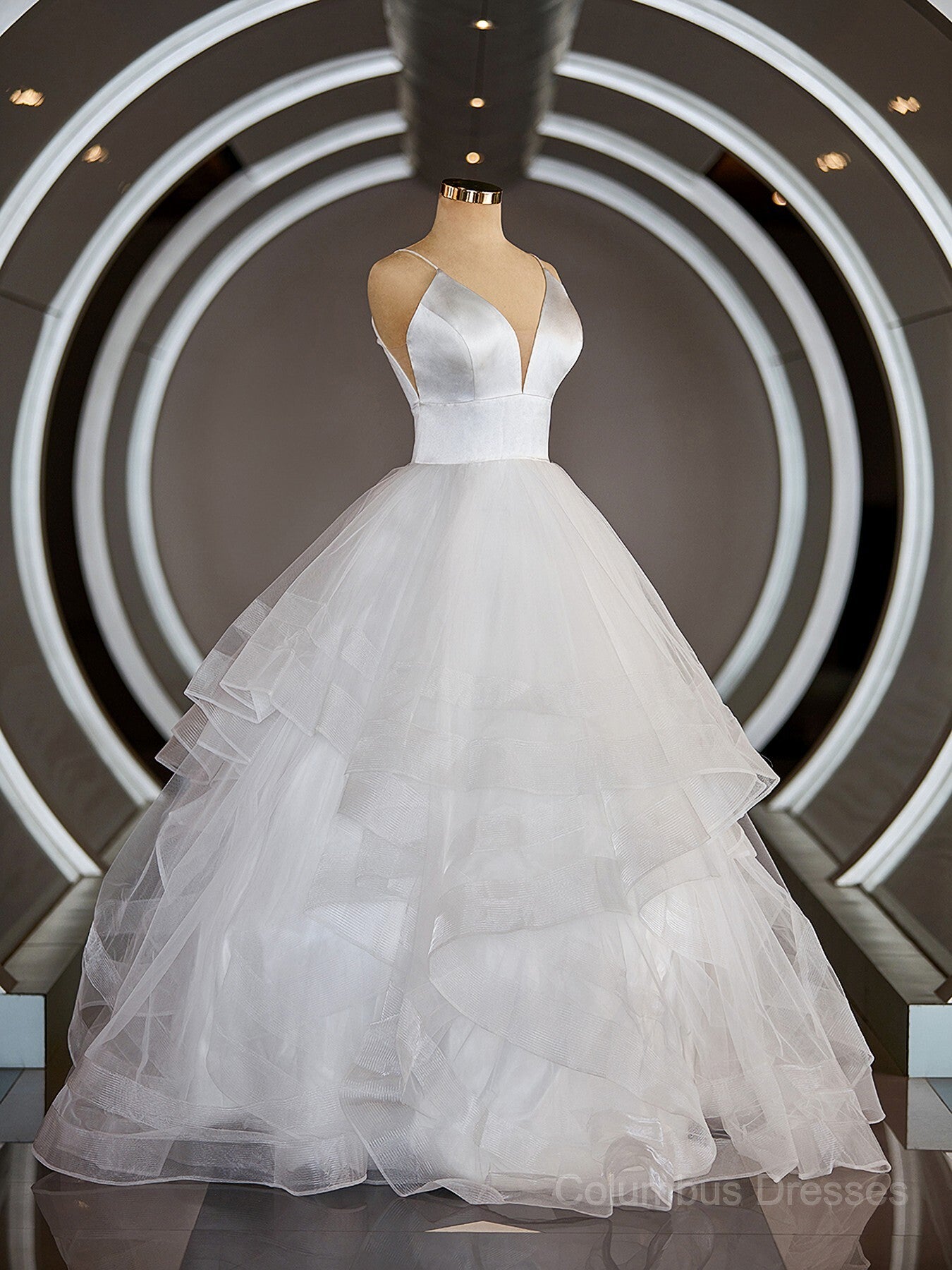 Wedding Dress Fabrics, A-Line/Princess V-neck Floor-Length Tulle Wedding Dresses with Ruffles Main image