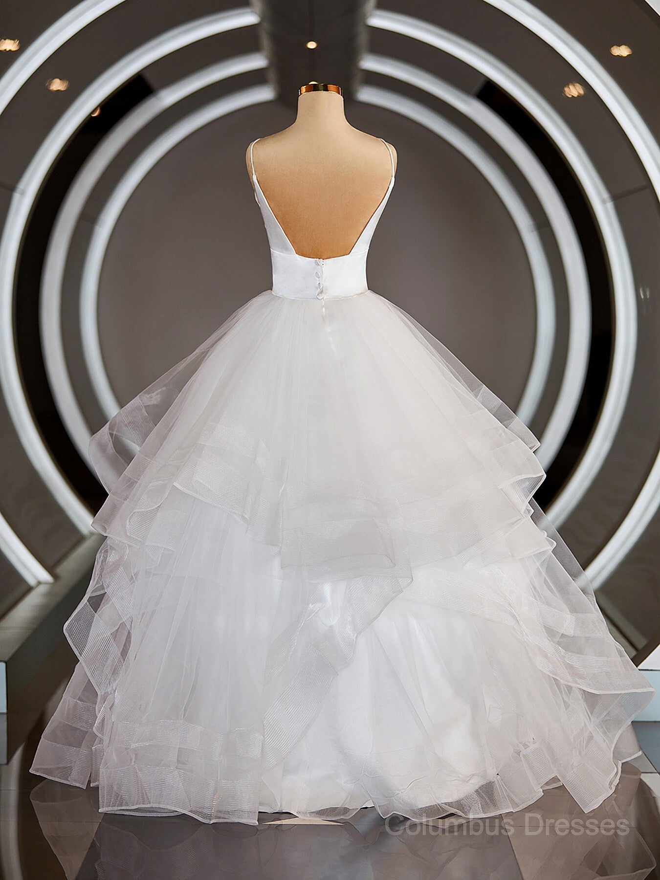 Wedding Dresses Fabric, A-Line/Princess V-neck Floor-Length Tulle Wedding Dresses with Ruffles