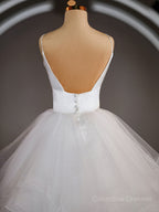 Wedding Dresses With Long Trians, A-Line/Princess V-neck Floor-Length Tulle Wedding Dresses with Ruffles