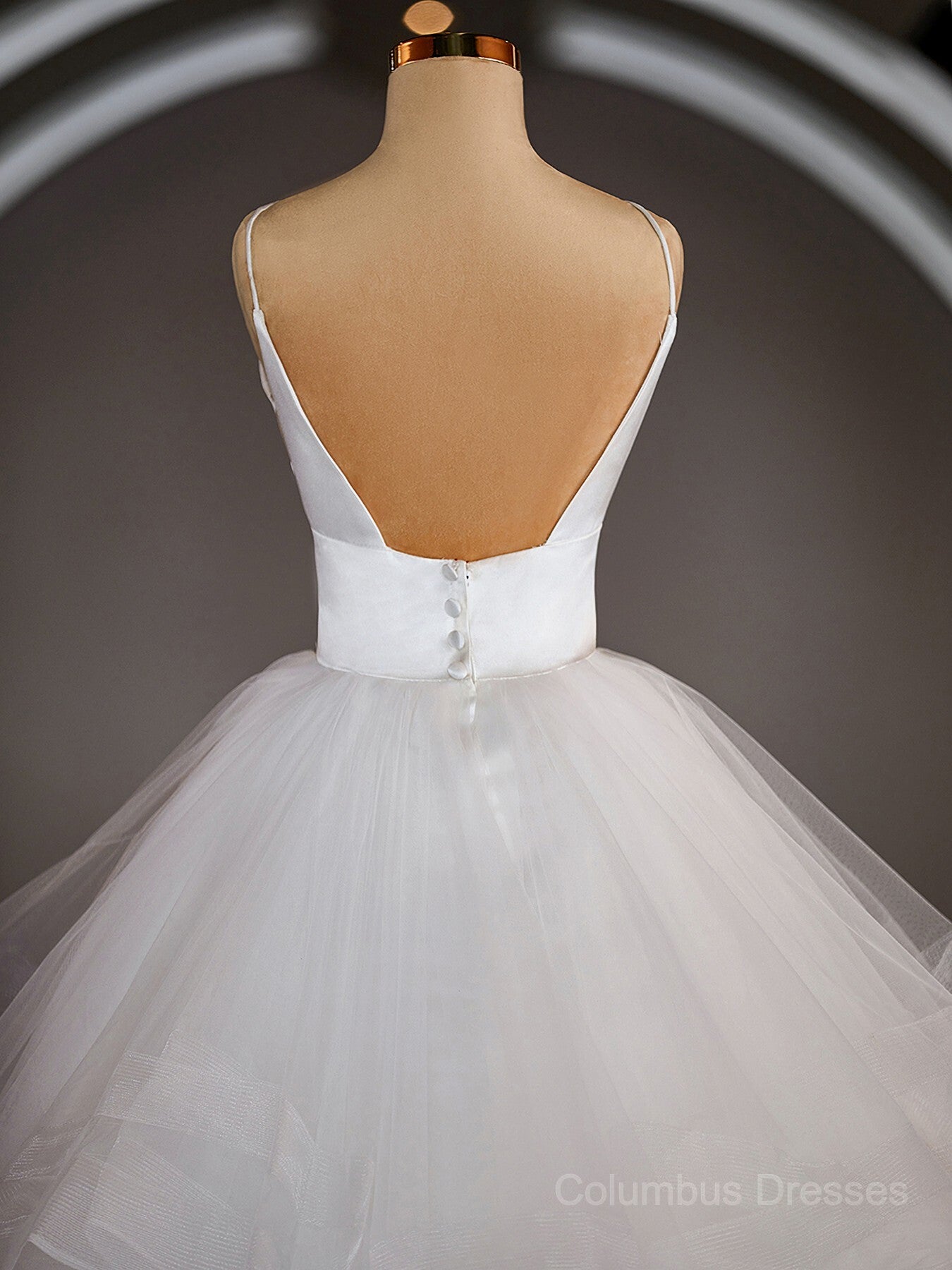 Wedding Dresses With Long Trians, A-Line/Princess V-neck Floor-Length Tulle Wedding Dresses with Ruffles