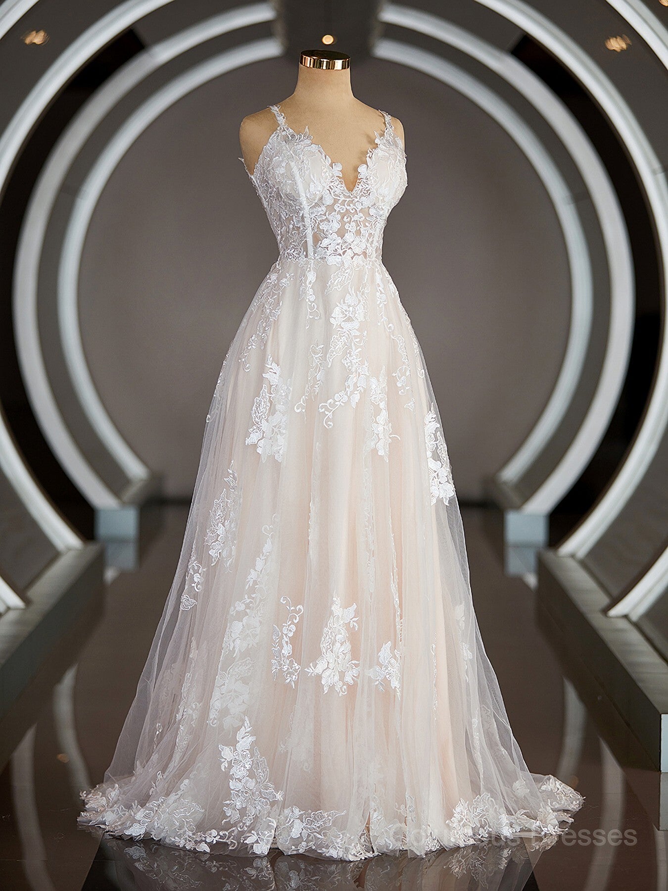 Wedding Dress Lace Sleeves, A-Line/Princess V-neck Sweep Train Lace Wedding Dresses with Appliques Lace Main image