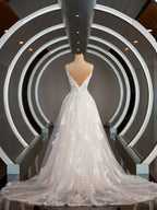Wedding Dresses Lace Sleeves, A-Line/Princess V-neck Sweep Train Lace Wedding Dresses with Appliques Lace