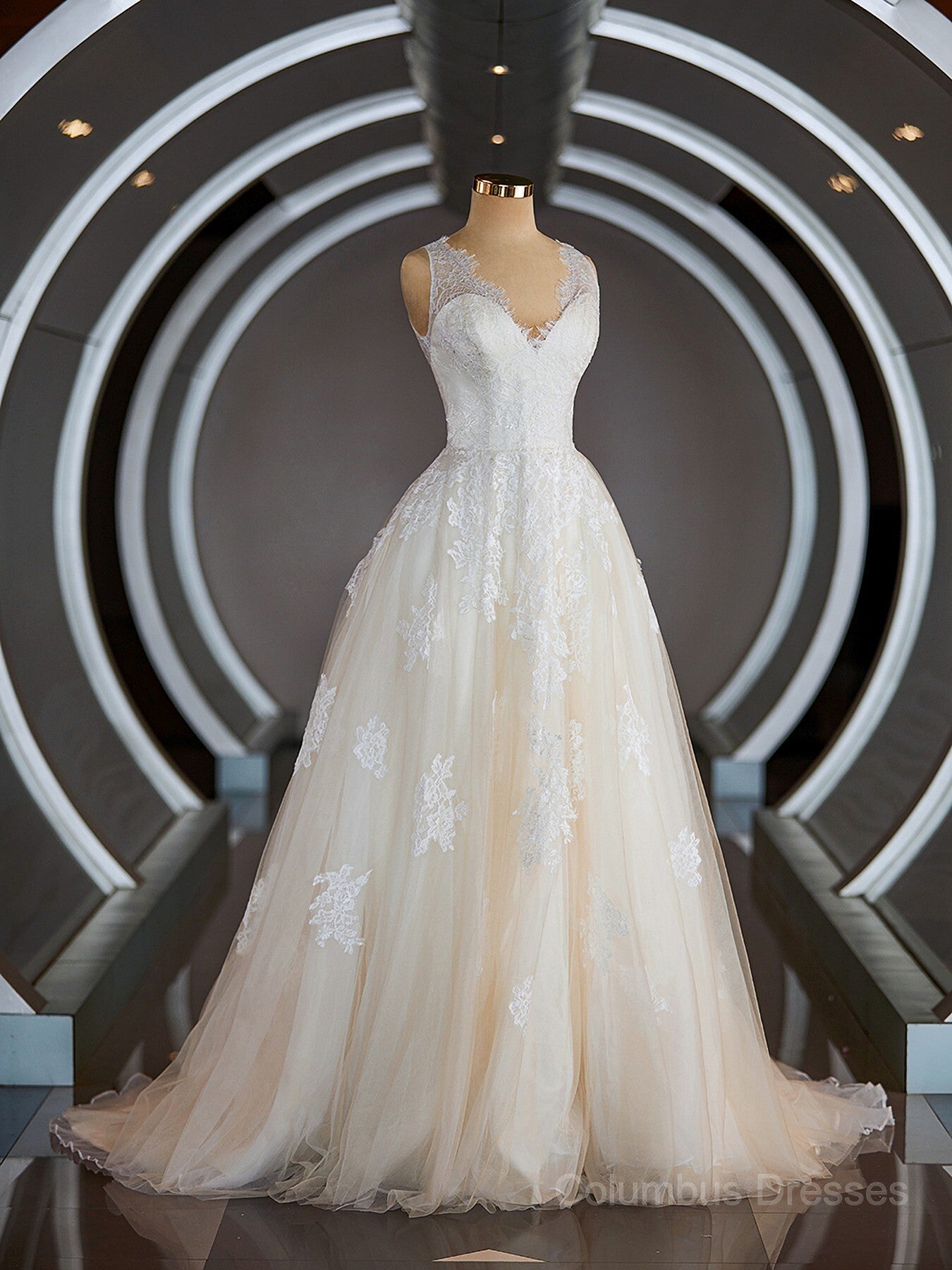 Wedding Dress Sleeves Lace, A-Line/Princess V-neck Sweep Train Tulle Wedding Dresses with Appliques Lace Main image