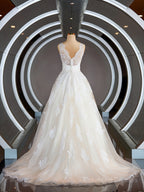 Wedding Dresses Sleeves Lace, A-Line/Princess V-neck Sweep Train Tulle Wedding Dresses with Appliques Lace