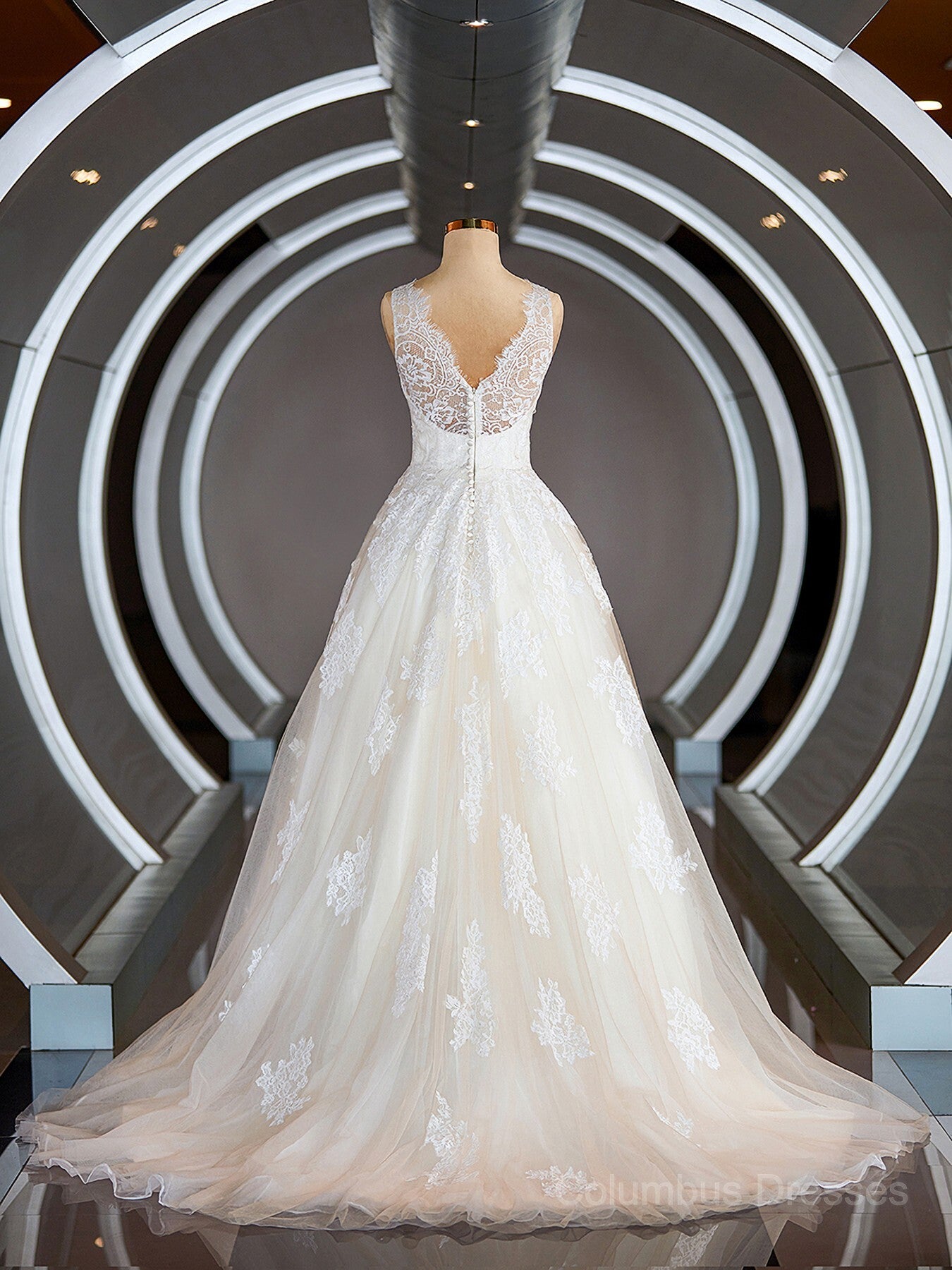 Wedding Dresses Sleeves Lace, A-Line/Princess V-neck Sweep Train Tulle Wedding Dresses with Appliques Lace