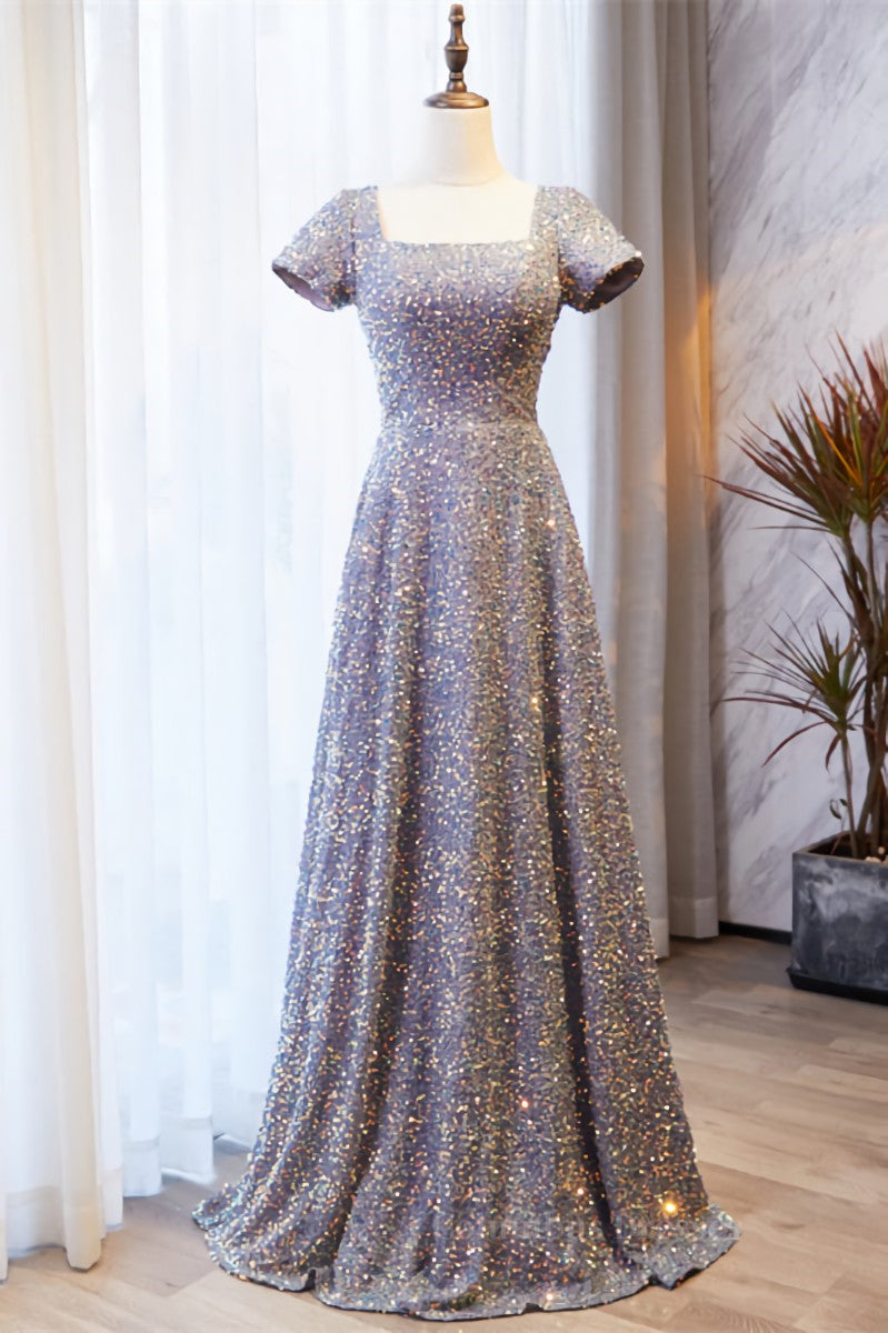 Formal Dresses Gown, A-line Square Neck Sleeves Sequins Long Formal Dress
