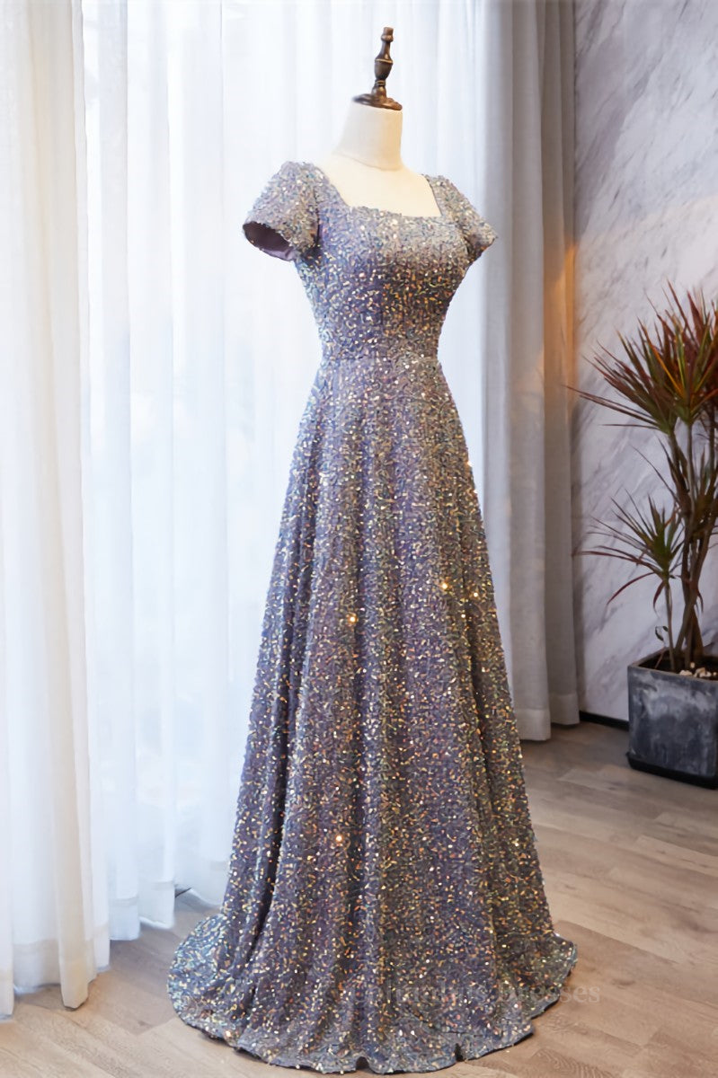 Formal Dress Gowns, A-line Square Neck Sleeves Sequins Long Formal Dress