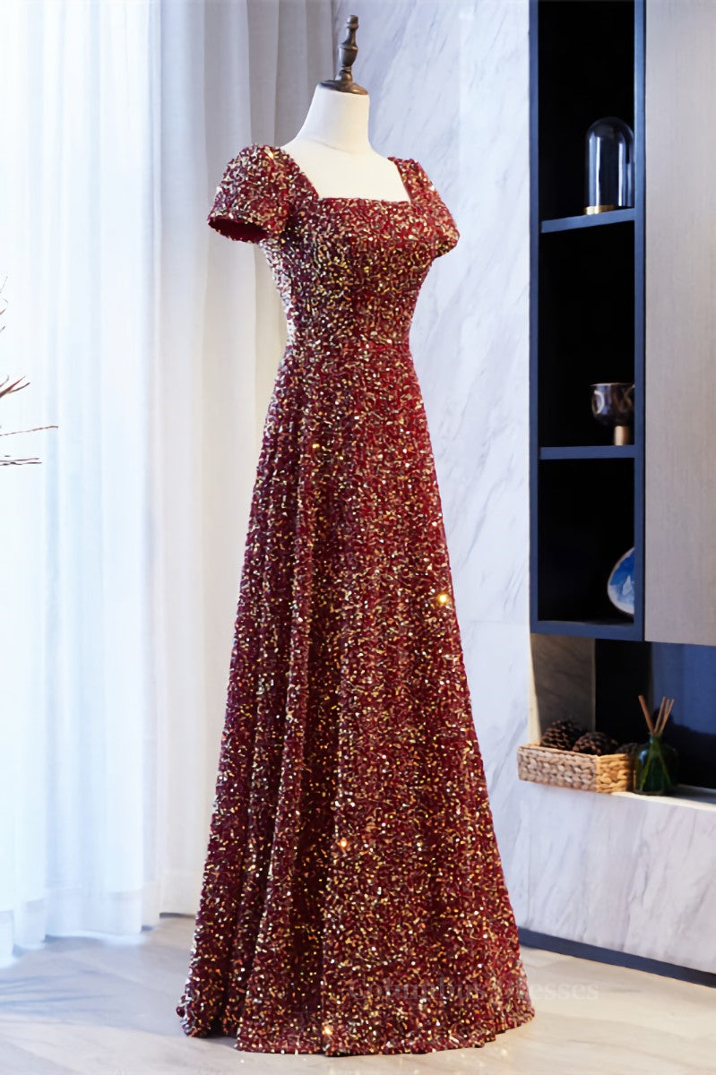 A-line Square Neck Sleeves Sequins Long Formal Dress Secondary image