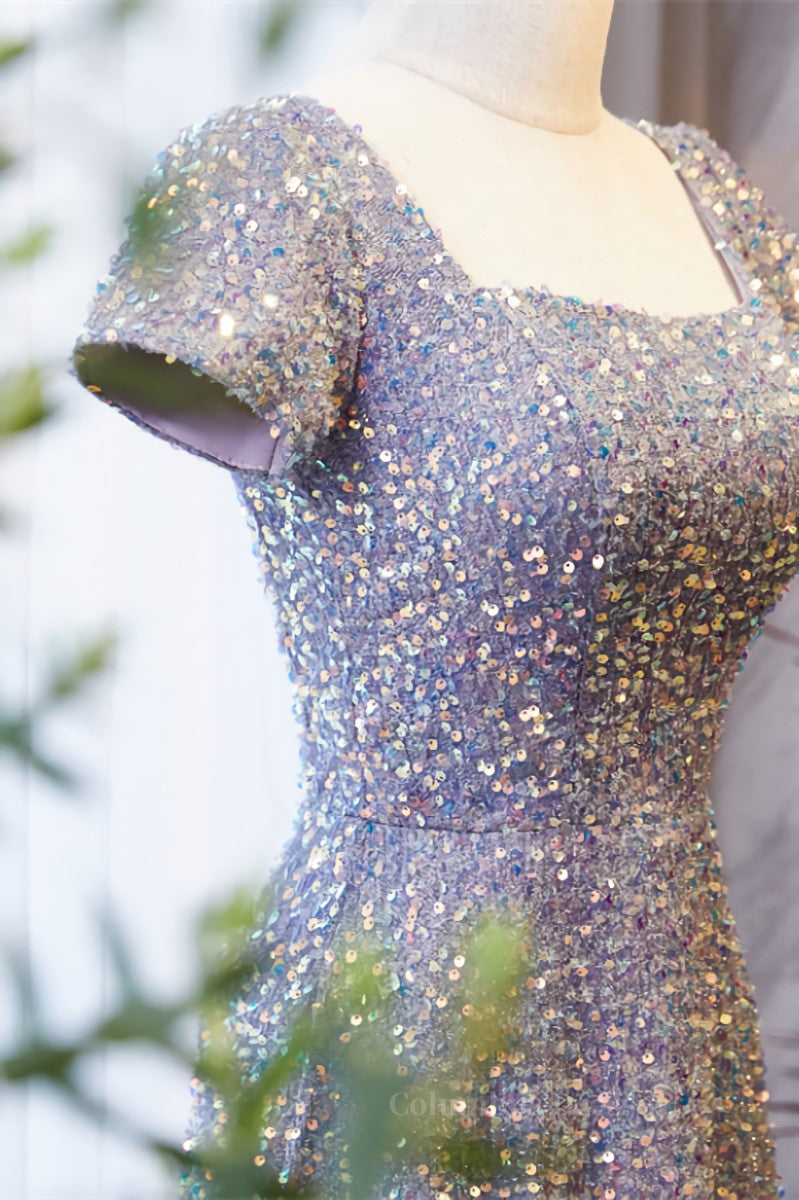 Formal Dress Elegant, A-line Square Neck Sleeves Sequins Long Formal Dress