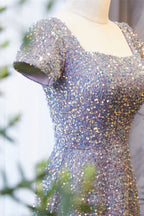 Formal Dress Elegant, A-line Square Neck Sleeves Sequins Long Formal Dress