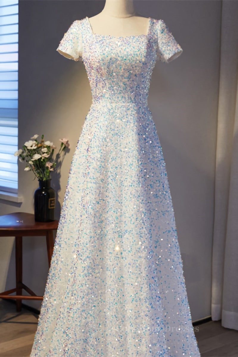 Formal Dress Outfit Ideas, A-line Square Neck Sleeves Sequins Long Formal Dress