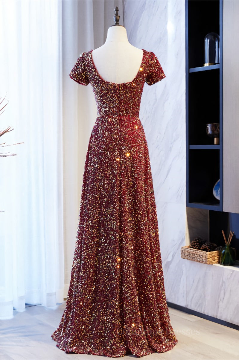 Formal Dress For Woman, A-line Square Neck Sleeves Sequins Long Formal Dress Main image