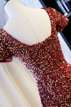 Formal Dresses Black, A-line Square Neck Sleeves Sequins Long Formal Dress