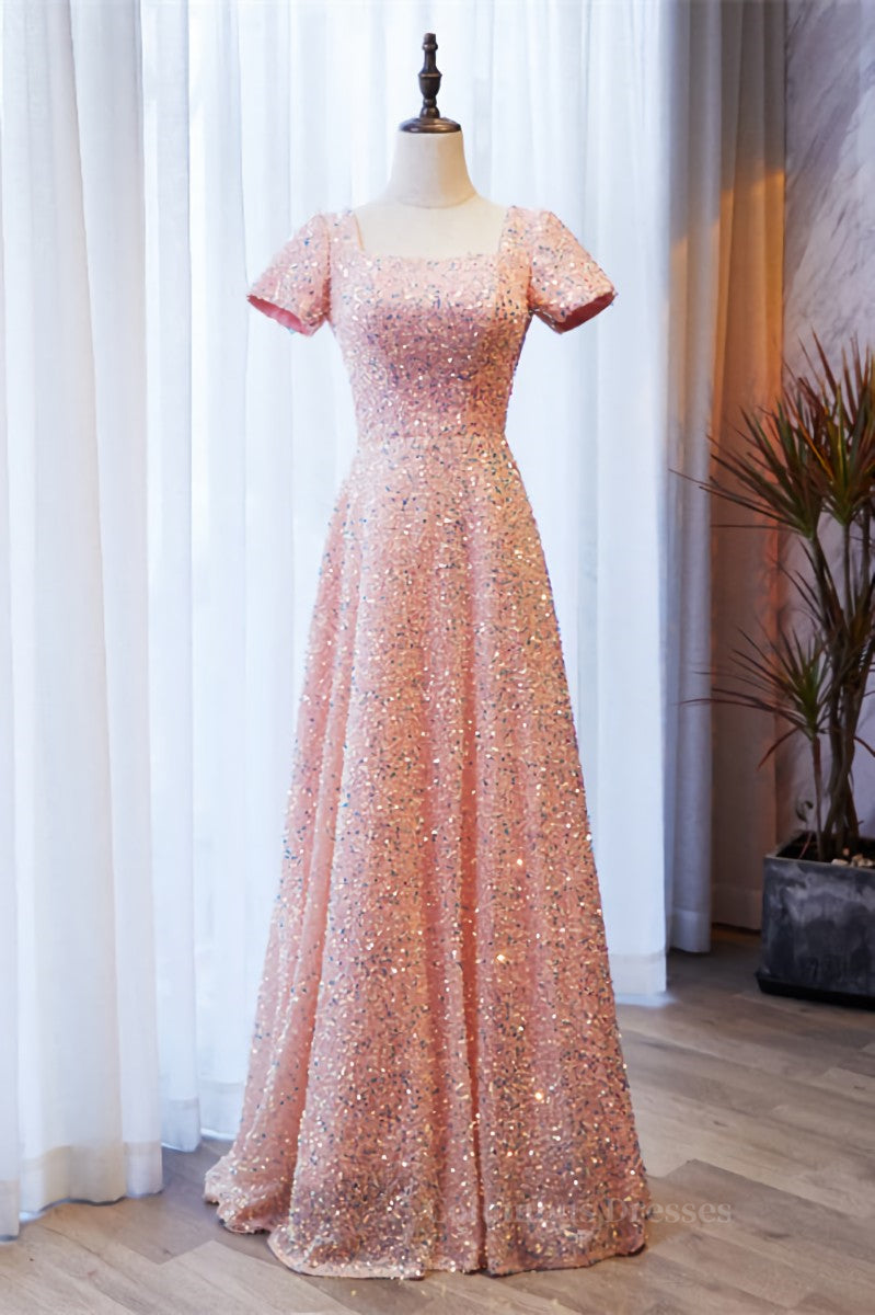 Formal Dress Black, A-line Square Neck Sleeves Sequins Long Formal Dress
