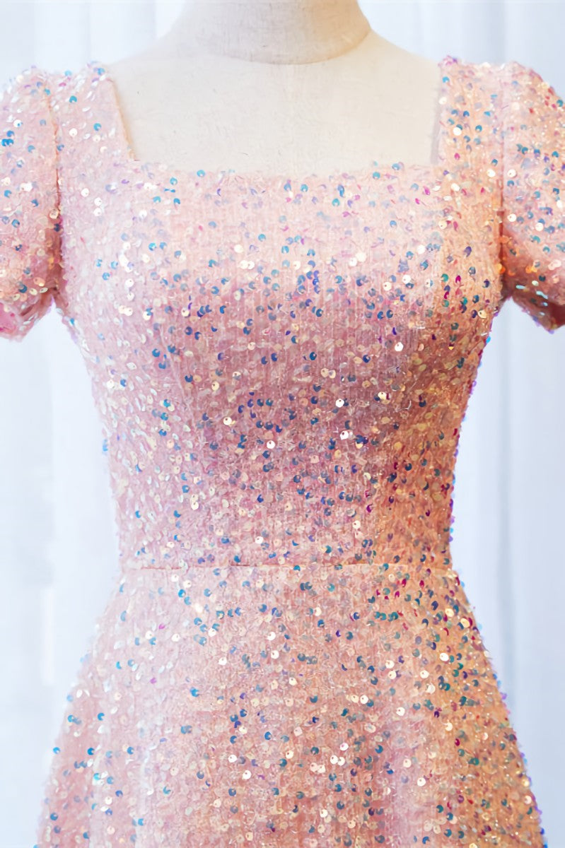 Formal Dresses Shops, A-line Square Neck Sleeves Sequins Long Formal Dress